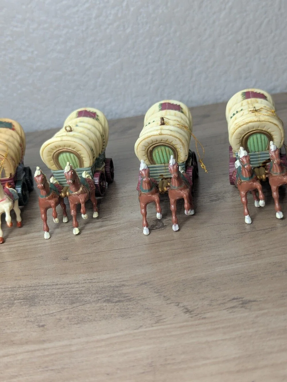 Western Covered Wagon Christmas Ornaments Hard Plastic Set of 6 Vintage